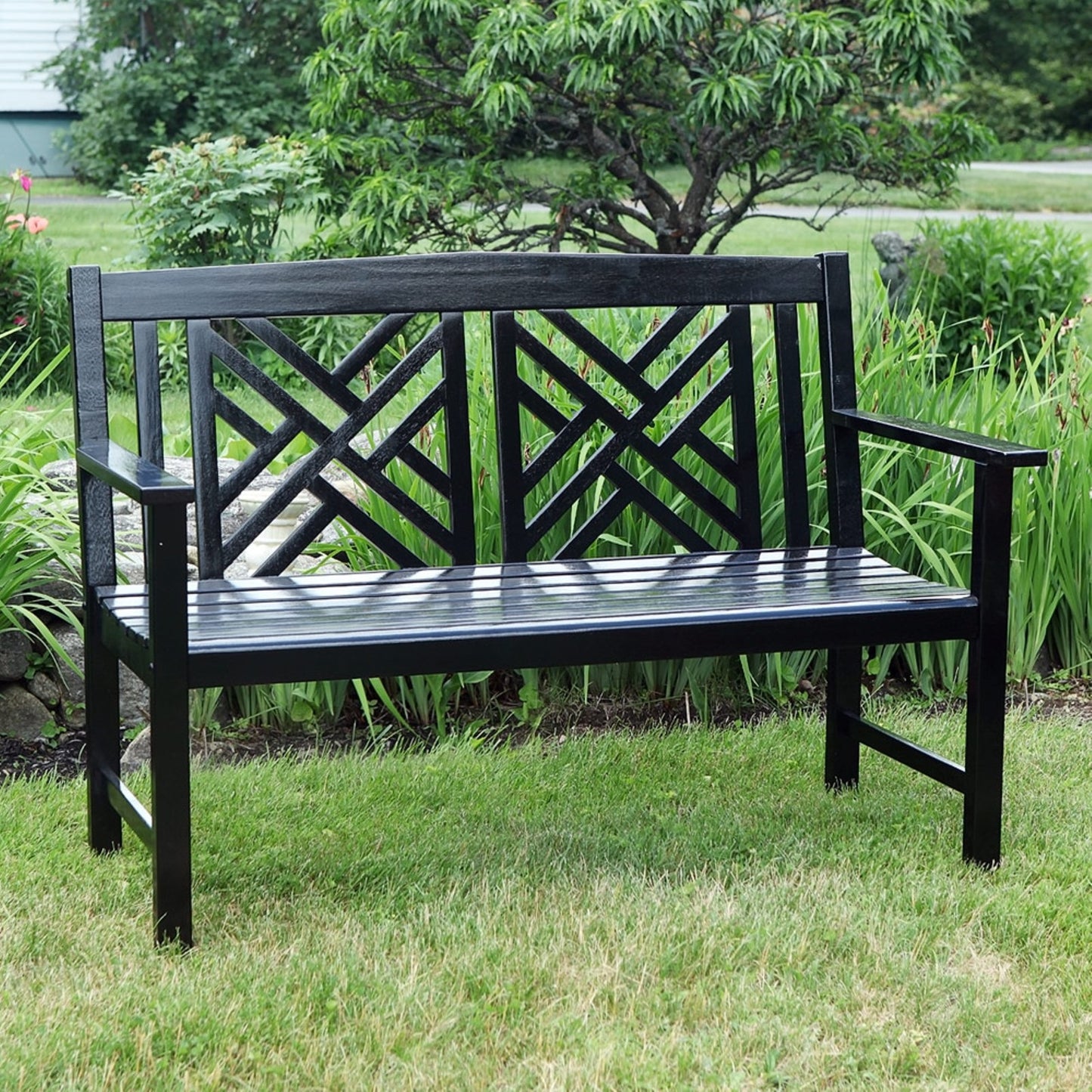 ACHLA Fretwork 4ft Bench | Black Eucalyptus Wood with Lattice Back | Garden, Patio & Indoor Seating | Model OFB-10B-P