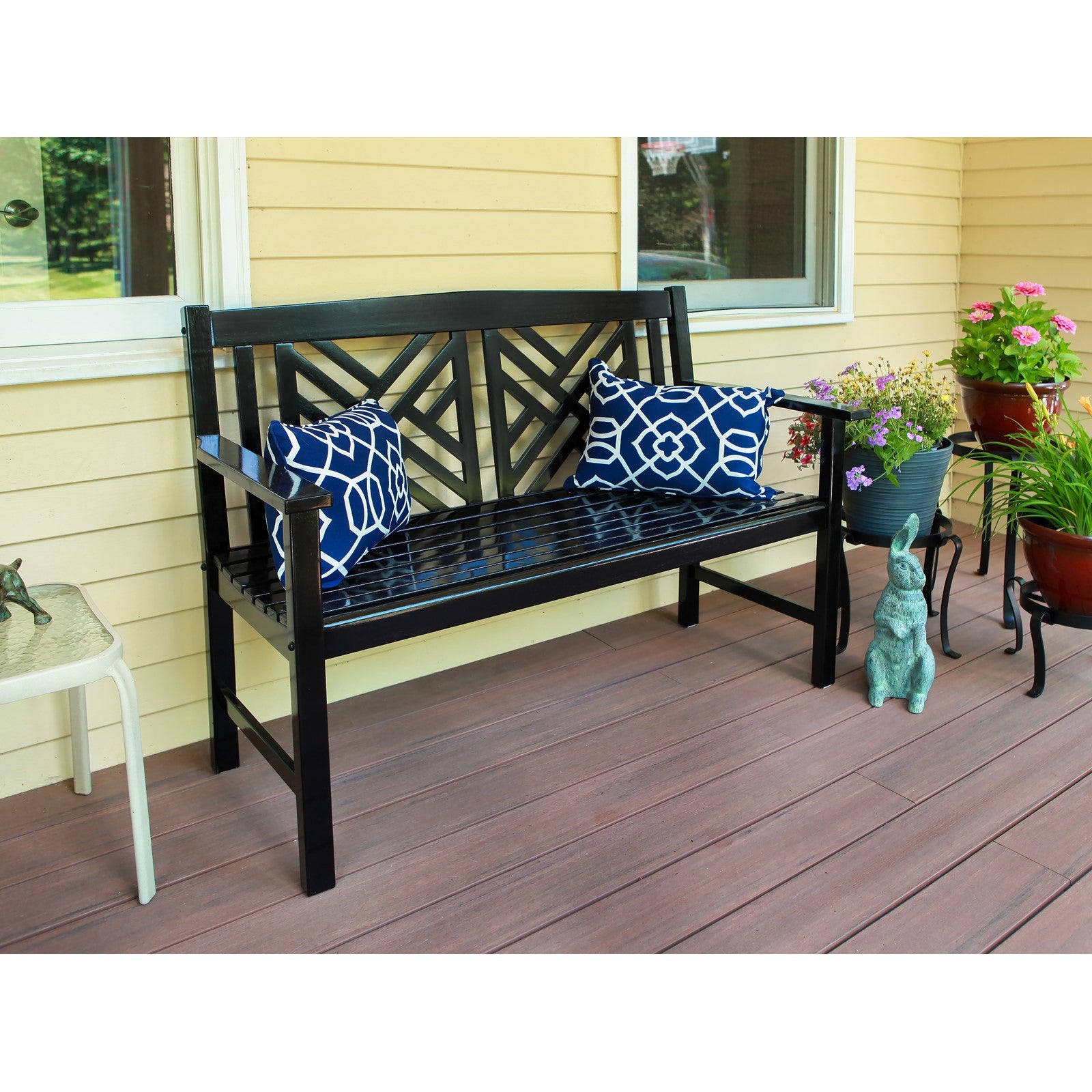 ACHLA Fretwork 4ft Bench | Black Eucalyptus Wood with Lattice Back | Garden, Patio & Indoor Seating | Model OFB-10B-P