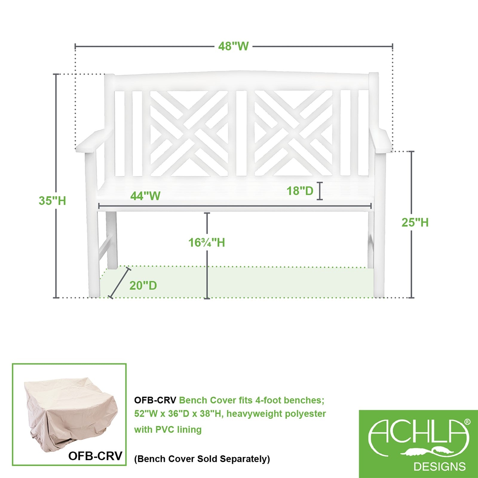 ACHLA Fretwork 48in Bench | White Painted Eucalyptus Wood | Garden Path & Patio Seating | 48 x 20 x 35 in, 16.75 in Seat Height | Model OFB-10W-P