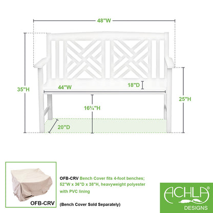 ACHLA Fretwork 48in Bench | White Painted Eucalyptus Wood | Garden Path & Patio Seating | 48 x 20 x 35 in, 16.75 in Seat Height | Model OFB-10W-P