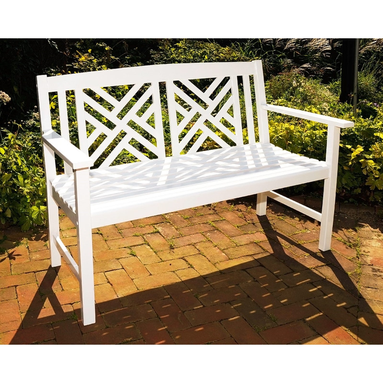 ACHLA Fretwork 48in Bench | White Painted Eucalyptus Wood | Garden Path & Patio Seating | 48 x 20 x 35 in, 16.75 in Seat Height | Model OFB-10W-P