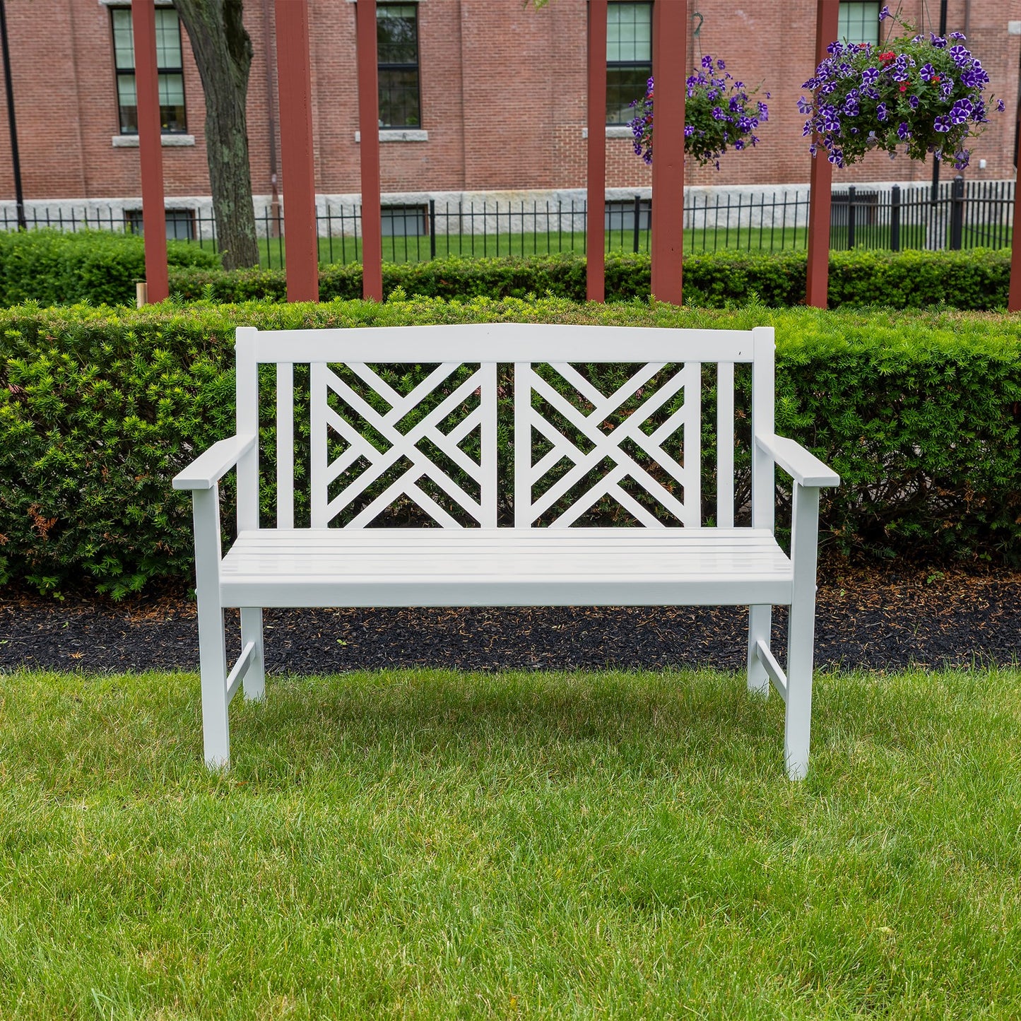 ACHLA Fretwork 48in Bench | White Painted Eucalyptus Wood | Garden Path & Patio Seating | 48 x 20 x 35 in, 16.75 in Seat Height | Model OFB-10W-P