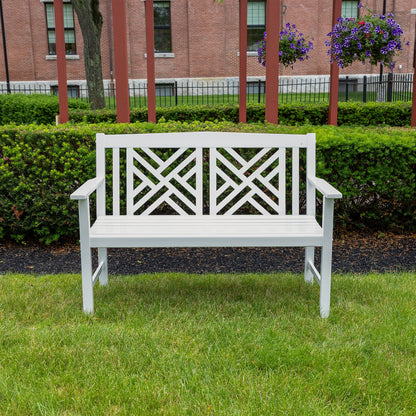 ACHLA Fretwork 48in Bench | White Painted Eucalyptus Wood | Garden Path & Patio Seating | 48 x 20 x 35 in, 16.75 in Seat Height | Model OFB-10W-P