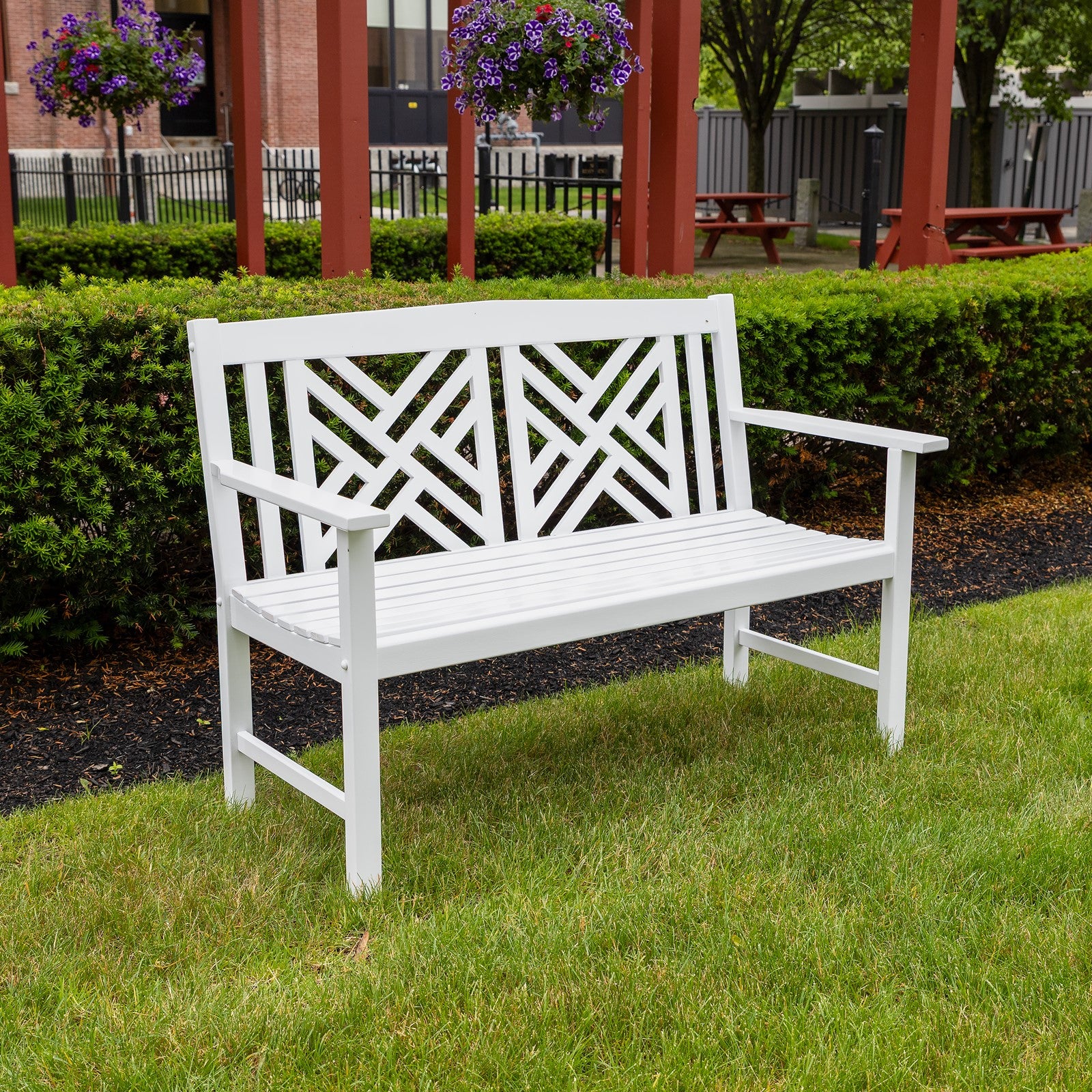 ACHLA Fretwork 48in Bench | White Painted Eucalyptus Wood | Garden Path & Patio Seating | 48 x 20 x 35 in, 16.75 in Seat Height | Model OFB-10W-P