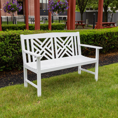 ACHLA Fretwork 48in Bench | White Painted Eucalyptus Wood | Garden Path & Patio Seating | 48 x 20 x 35 in, 16.75 in Seat Height | Model OFB-10W-P
