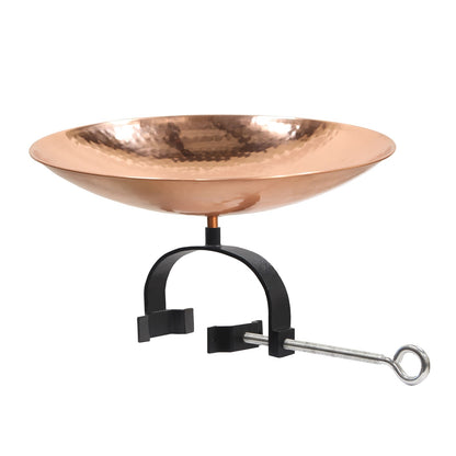 ACHLA Polished Copper Birdbath Over Rail Bracket | Hammered Copper Bowl on Black Wrought Iron | Deck, Porch & Balcony Bird Bath | Model PCB-01-OR2