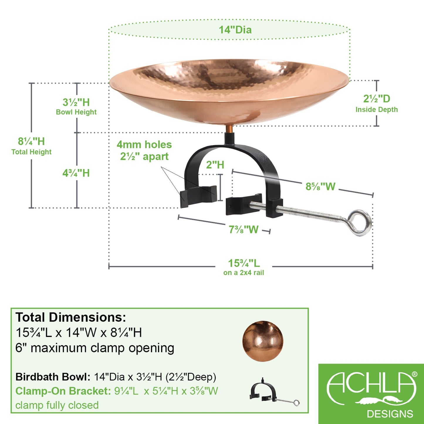 ACHLA Polished Copper Birdbath Over Rail Bracket | Hammered Copper Bowl on Black Wrought Iron | Deck, Porch & Balcony Bird Bath | Model PCB-01-OR2