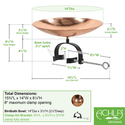ACHLA Polished Copper Birdbath Over Rail Bracket | Hammered Copper Bowl on Black Wrought Iron | Deck, Porch & Balcony Bird Bath | Model PCB-01-OR2