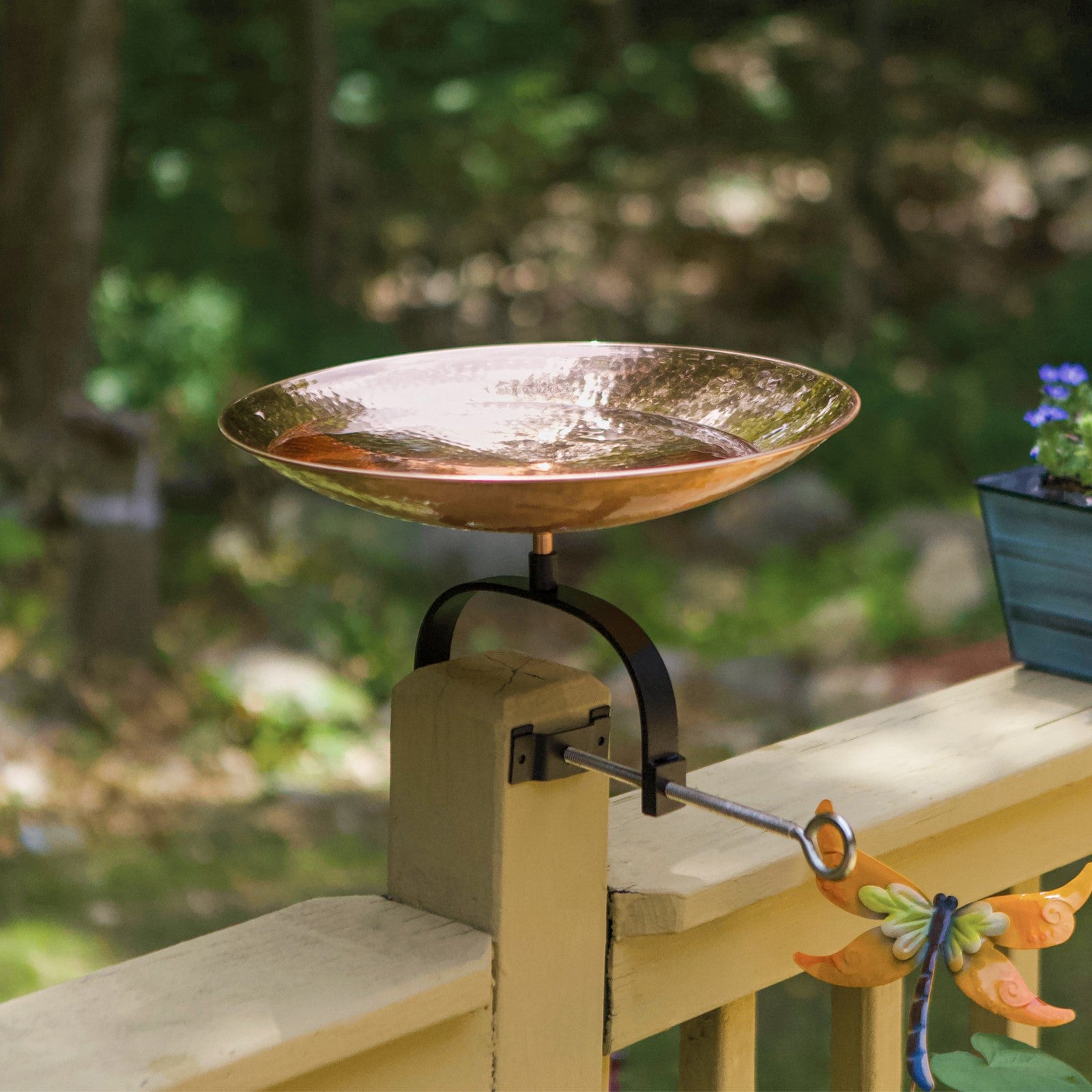 ACHLA Polished Copper Birdbath Over Rail Bracket | Hammered Copper Bowl on Black Wrought Iron | Deck, Porch & Balcony Bird Bath | Model PCB-01-OR2