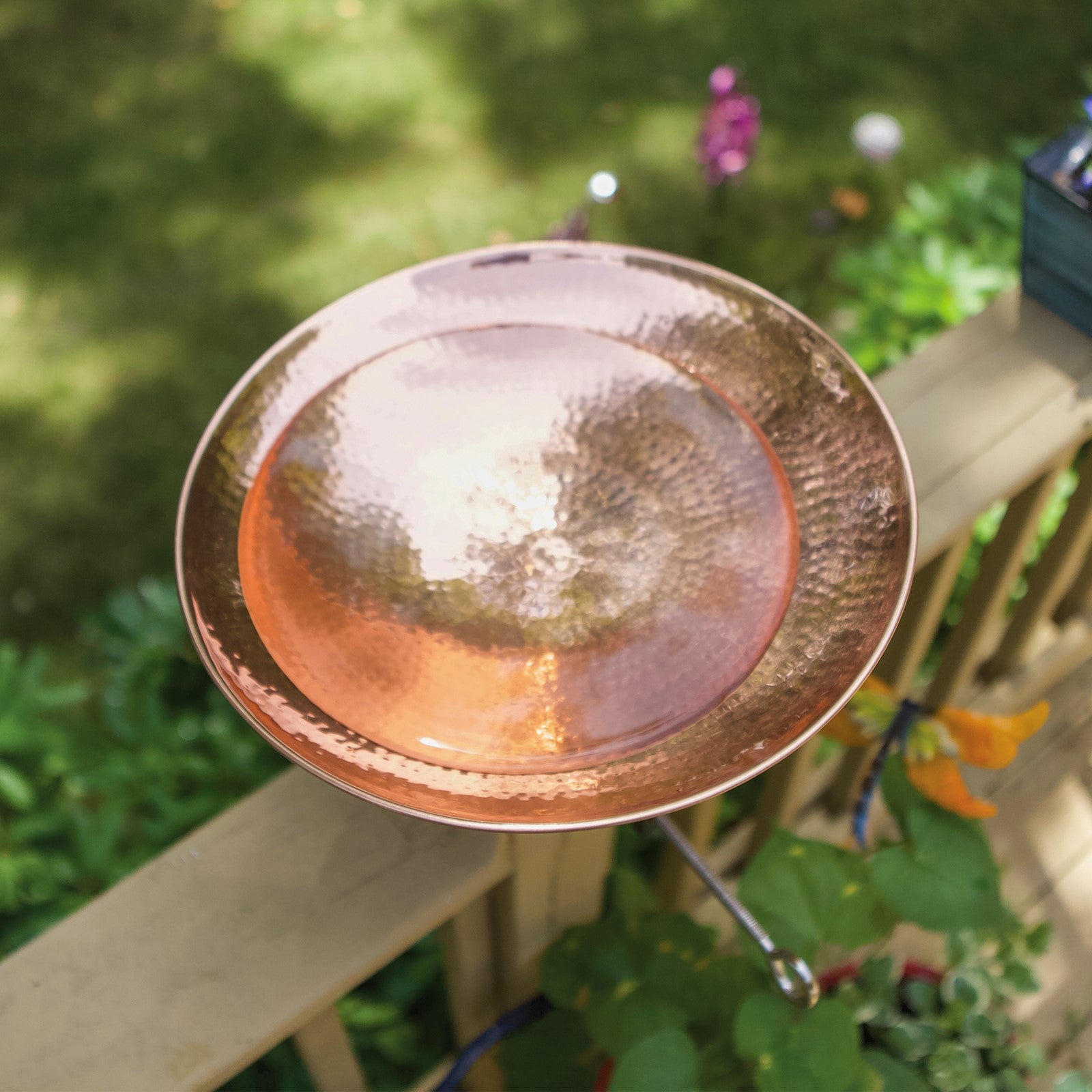 ACHLA Polished Copper Birdbath Over Rail Bracket | Hammered Copper Bowl on Black Wrought Iron | Deck, Porch & Balcony Bird Bath | Model PCB-01-OR2
