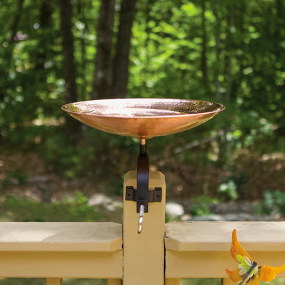 ACHLA Polished Copper Birdbath Over Rail Bracket | Hammered Copper Bowl on Black Wrought Iron | Deck, Porch & Balcony Bird Bath | Model PCB-01-OR2
