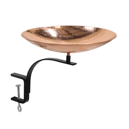 ACHLA Birdbath with Rail Mount Bracket | Hammered Copper Bowl on Black Wrought Iron | Porch, Balcony & Deck Bird Bath | Model PCB-01-RM