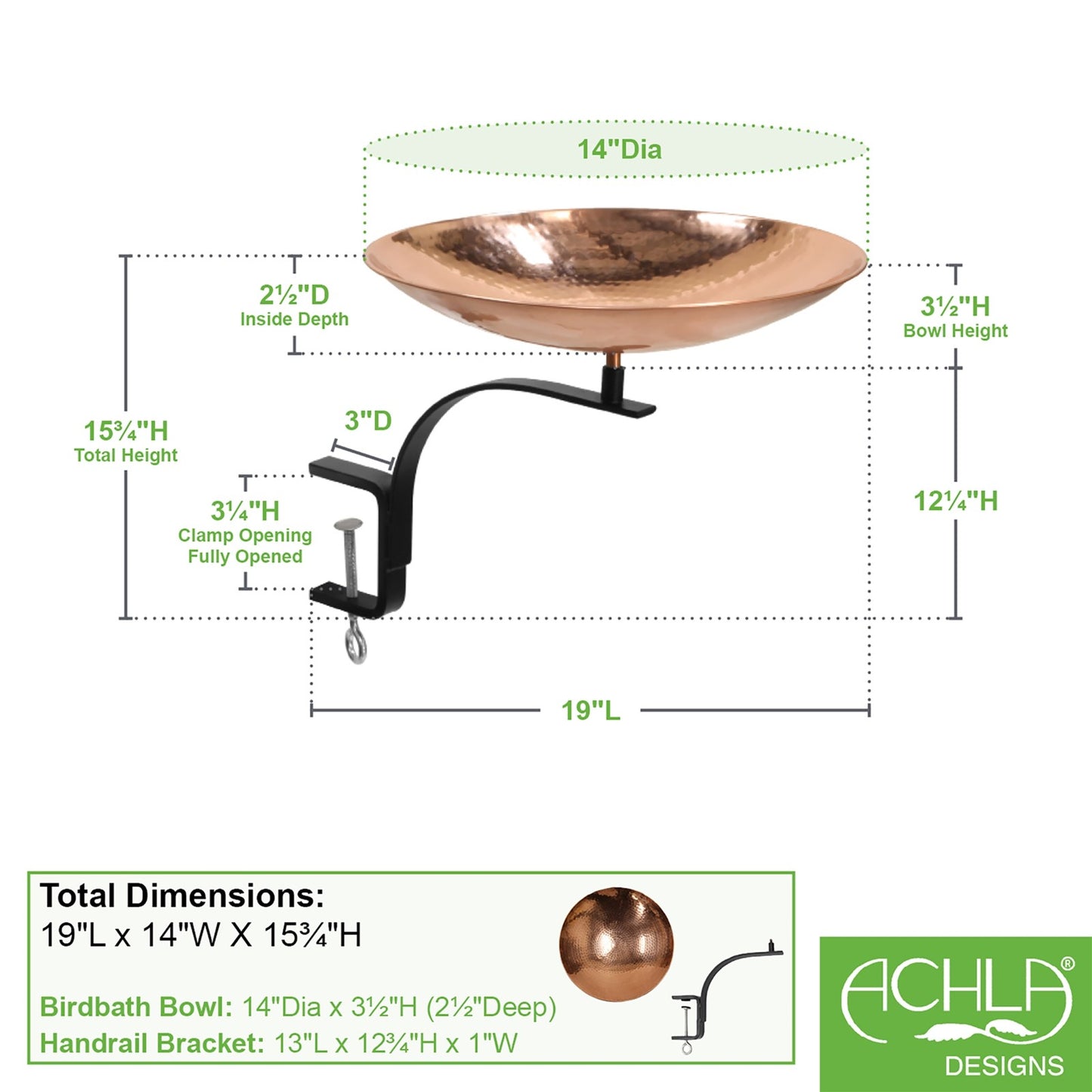 ACHLA Birdbath with Rail Mount Bracket | Hammered Copper Bowl on Black Wrought Iron | Porch, Balcony & Deck Bird Bath | Model PCB-01-RM