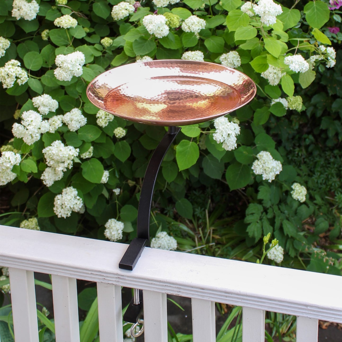 ACHLA Birdbath with Rail Mount Bracket | Hammered Copper Bowl on Black Wrought Iron | Porch, Balcony & Deck Bird Bath | Model PCB-01-RM