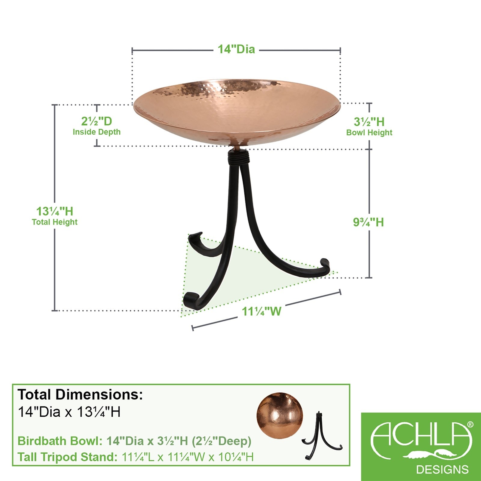 ACHLA Polished Copper Birdbath Tripod Stand | Hammered Copper Bowl on Black Wrought Iron | Garden Patio & Deck Accent | Model PCB-01-TR2