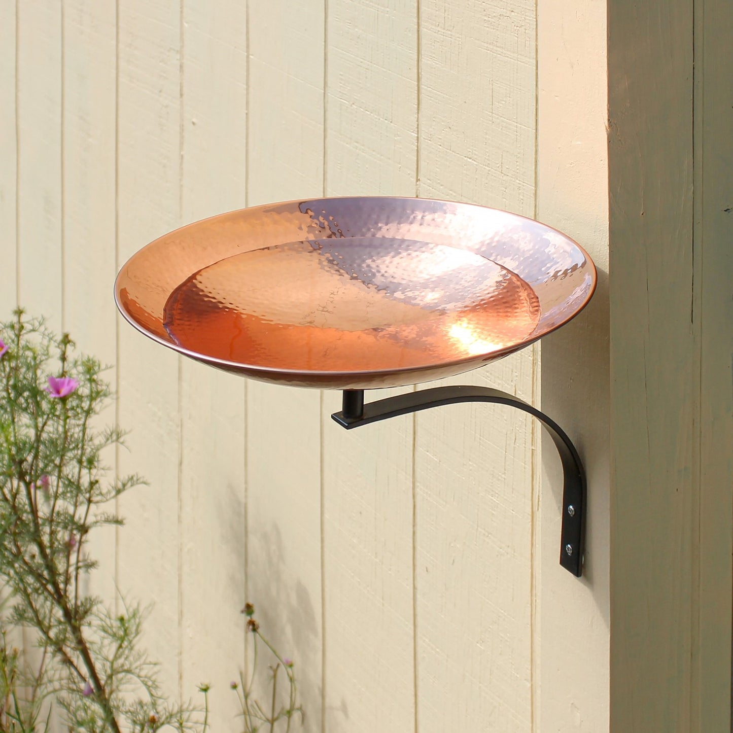 ACHLA Birdbath with Wall Mount Bracket | Hammered Copper Bowl on Black Wrought Iron | Patio & Garden Accent | 14in Diameter Bowl | Model PCB-01-WM