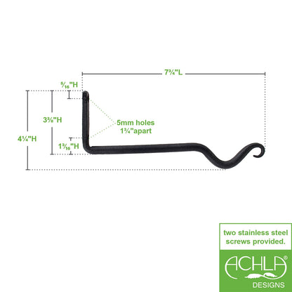 ACHLA 8in Upturned Hook 2-Pack | Traditional Wrought Iron Black Powdercoat | Outdoor Wall Hook for Lanterns & Bells | 0.5 x 4 x 8 in | Model SB-01-2