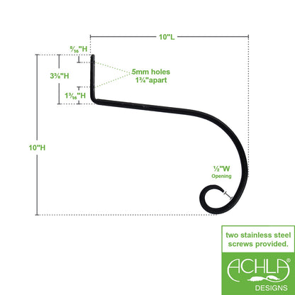 ACHLA 10in Downturned Hanger 2-Pack | Wrought Iron Black Powdercoat | Outdoor Hanging Hook for Bird Feeders & Planters | Model SB-02-2