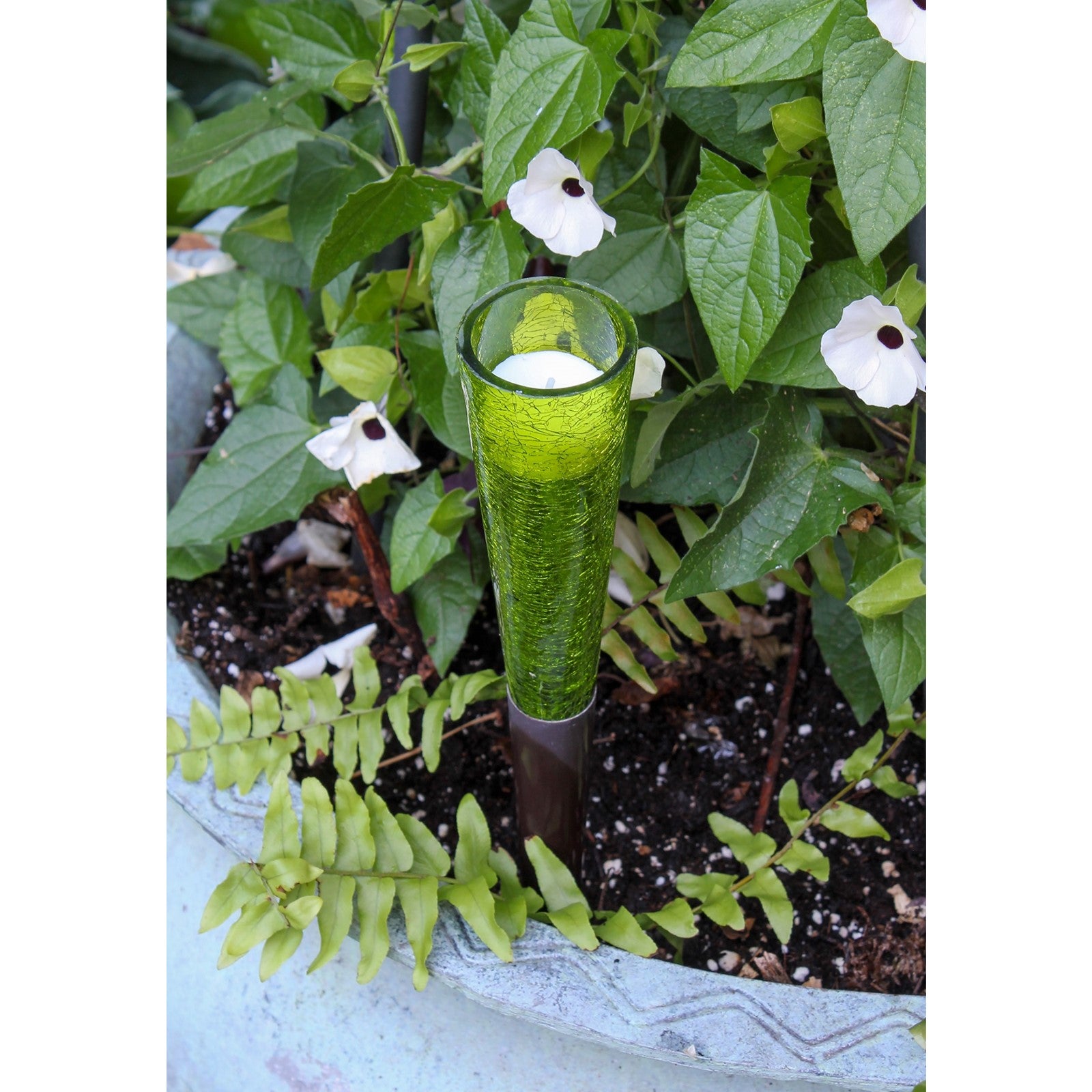 ACHLA Sparkle Cones 15.5in Garden Ornament | Crackle Glass and Iron | Indoor & Outdoor Decorative Candle Holder | 2 x 2 x 15.5 in | Model SC-02DG