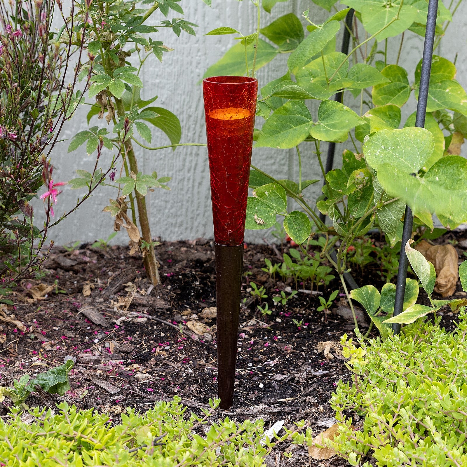 ACHLA Red Sparkle Cone Candle Holder | Crackle Glass and Iron | Patio & Tabletop Ambiance | 15.5 in H, 2 in Dia | Model SC-02RD