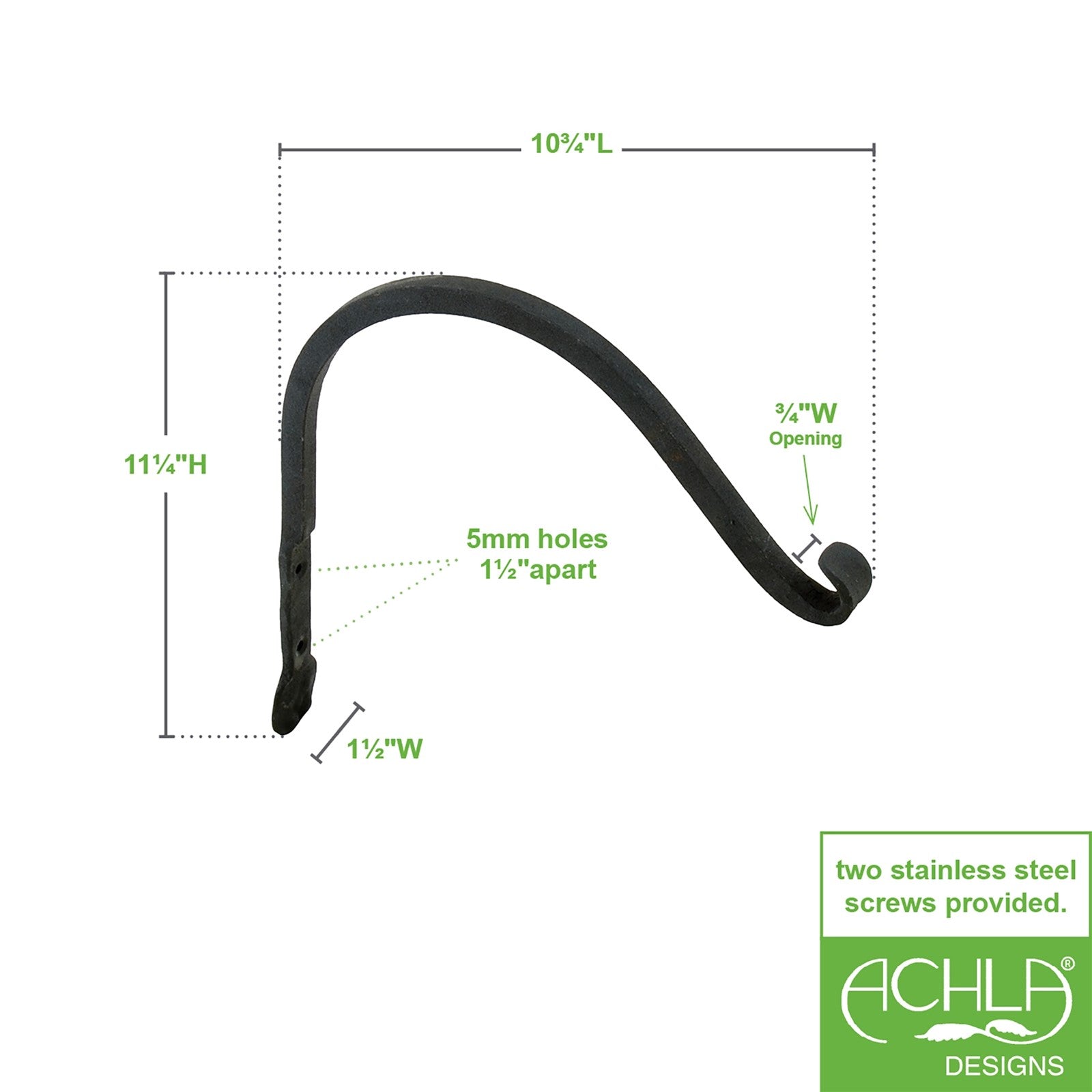 ACHLA SCH-01 10in Arc Bracket 2-Pack | Black Powdercoat Wrought Iron | Outdoor Planter & Flower Basket Hooks | 12 x 6 x 0.5 in | Model SCH-01-2