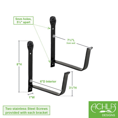 ACHLA Flowerbox Brackets 6in Pair | Black Wrought Iron | Window Box & Planter Support | 1 x 6 x 3.5-8 in | Model SFB-01