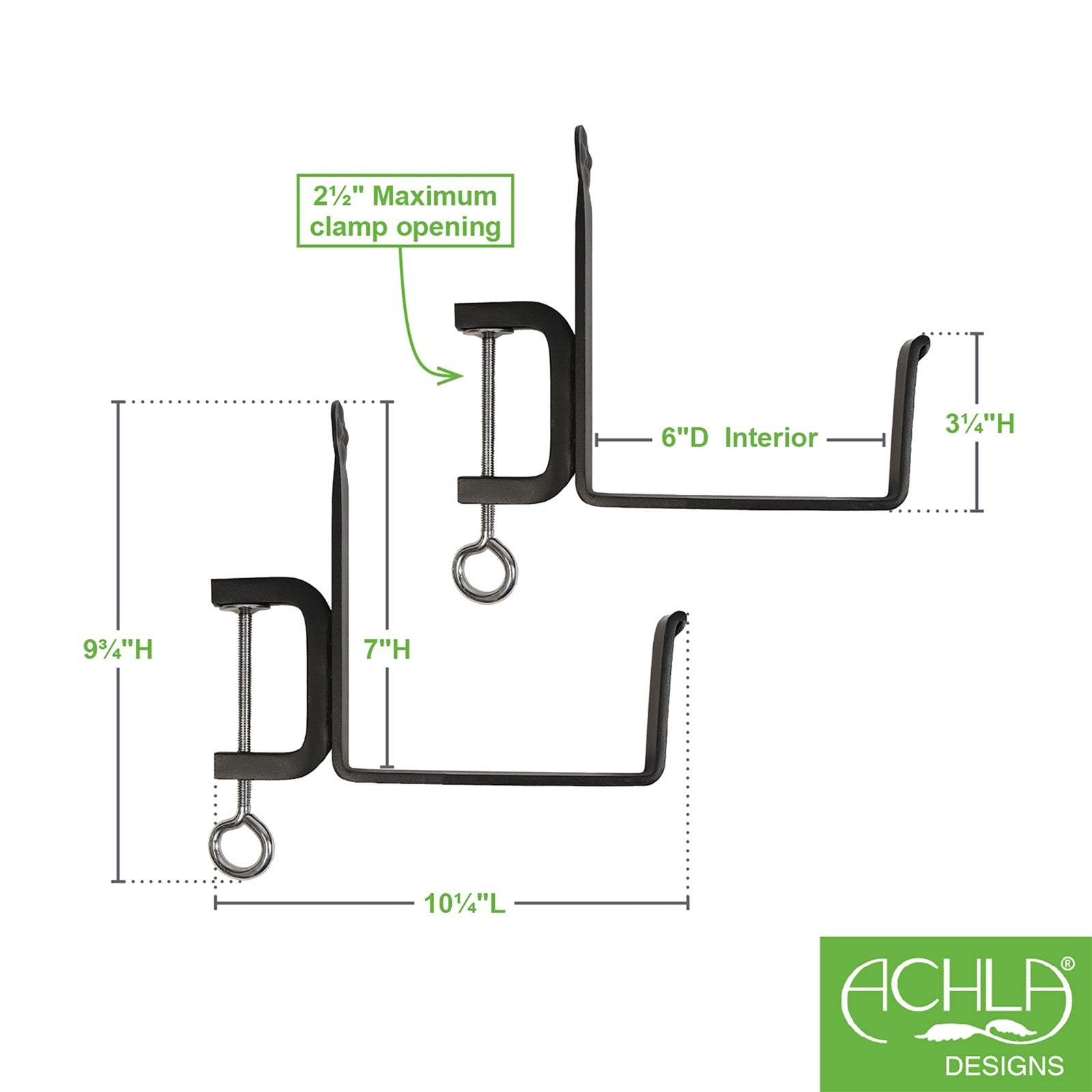 ACHLA Clamp-On 6in Flower Box Bracket | Black Powdercoat Wrought Iron | Deck Railing & Window Box Planter Support | 9 x 1 x 9 in | Model SFB-01C