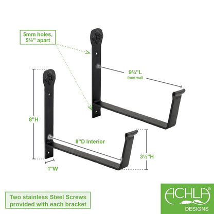 ACHLA Flowerbox Brackets 8in | Black Wrought Iron | Window Box & Planter Support | 8 x 7.5 x 8 in, Sold in Pairs | Model SFB-02