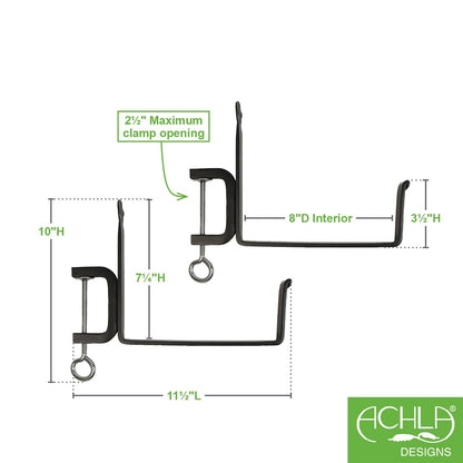 ACHLA SFB-02C 8in Clamp-On Flower Box Brackets | Wrought Iron Black Powder Coated | Window Box & Railing Planter Support | Model SFB-02C