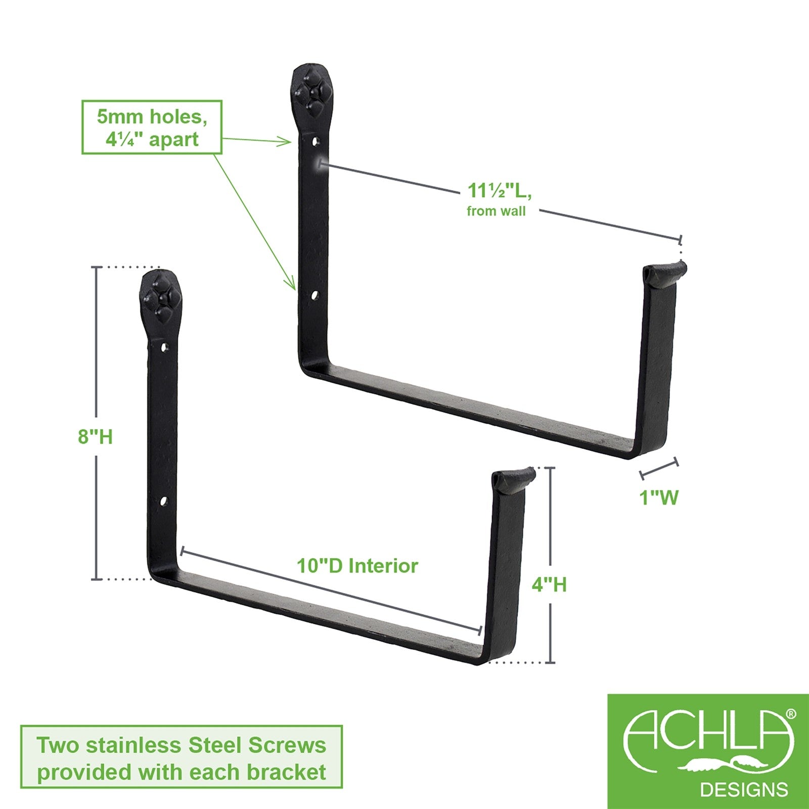 ACHLA Flower Box Brackets 10in Wrought Iron Pair | Rustic Black Metal | Outdoor Window & Railing Planter Support | 10 x 6 x 1.25 in | Model SFB-03