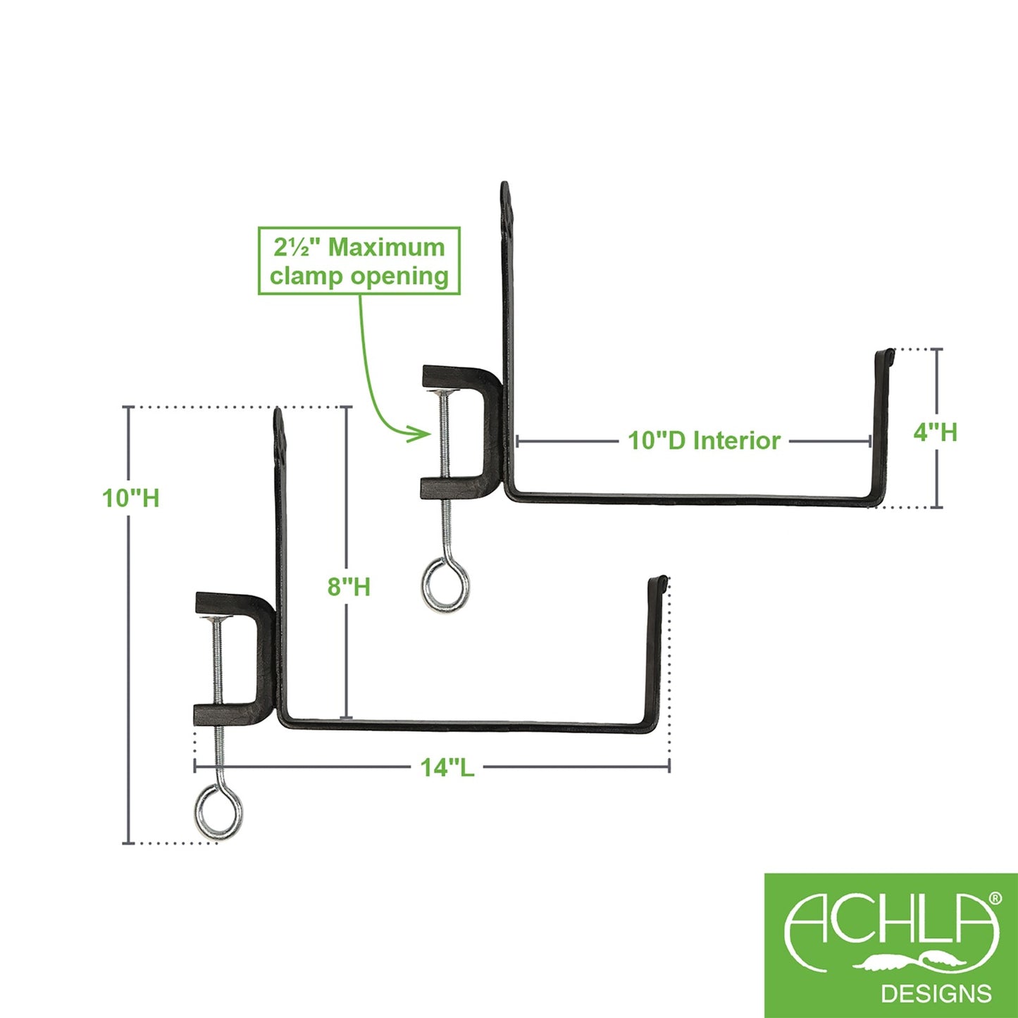 ACHLA Clamp-On Flower Box Brackets 10in | Black Wrought Iron | Outdoor Window Box & Railing Planters | 10 x 5 x 1.25 in | Model SFB-03C