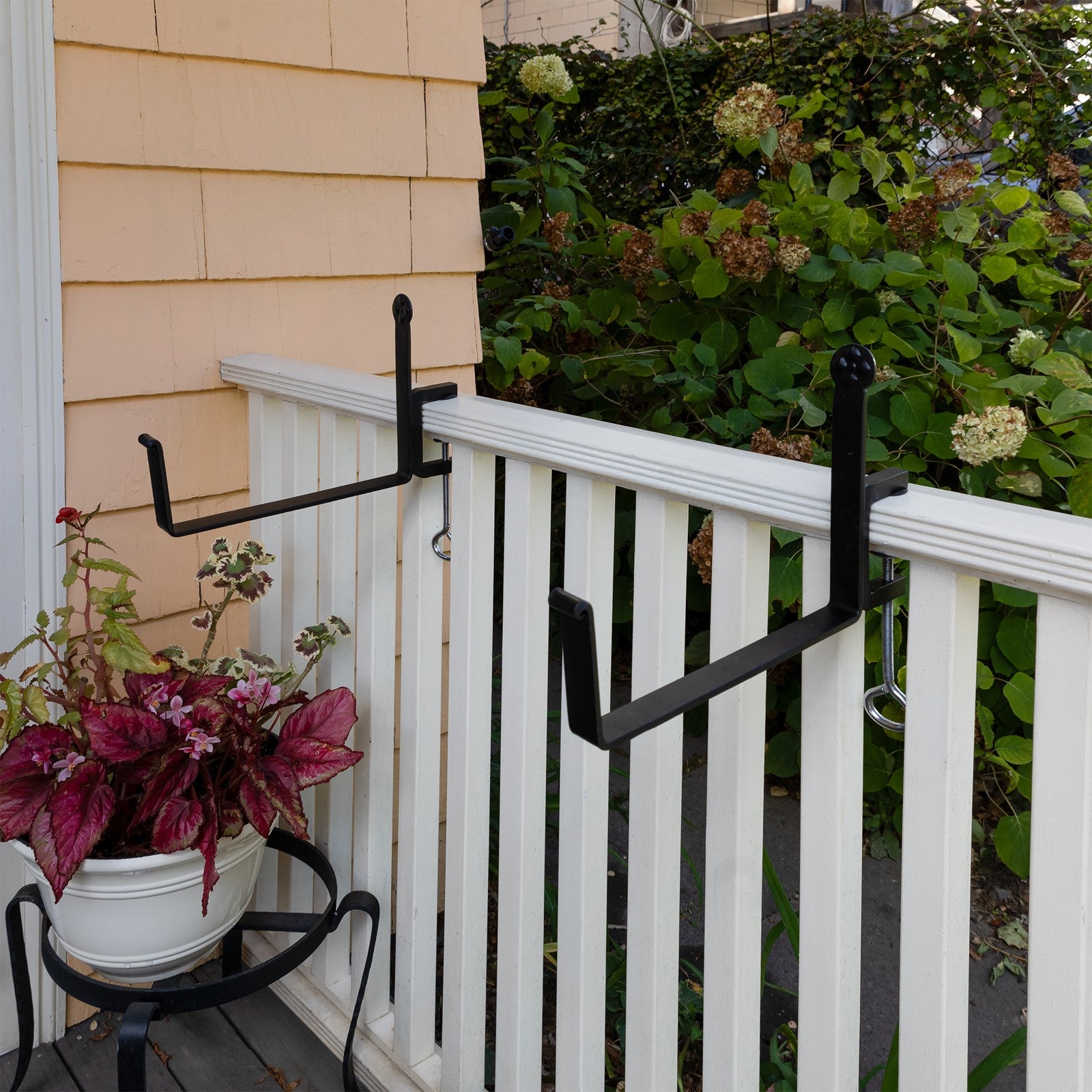 ACHLA Clamp-On Flower Box Brackets 10in | Black Wrought Iron | Outdoor Window Box & Railing Planters | 10 x 5 x 1.25 in | Model SFB-03C