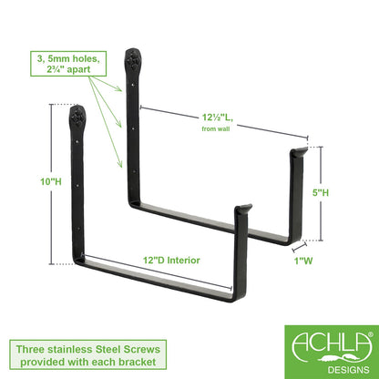 ACHLA Flower Box Brackets 12in | Wrought Iron Black | Outdoor Window Planter Support | 12 x 10 x 1.25 in | Model SFB-04