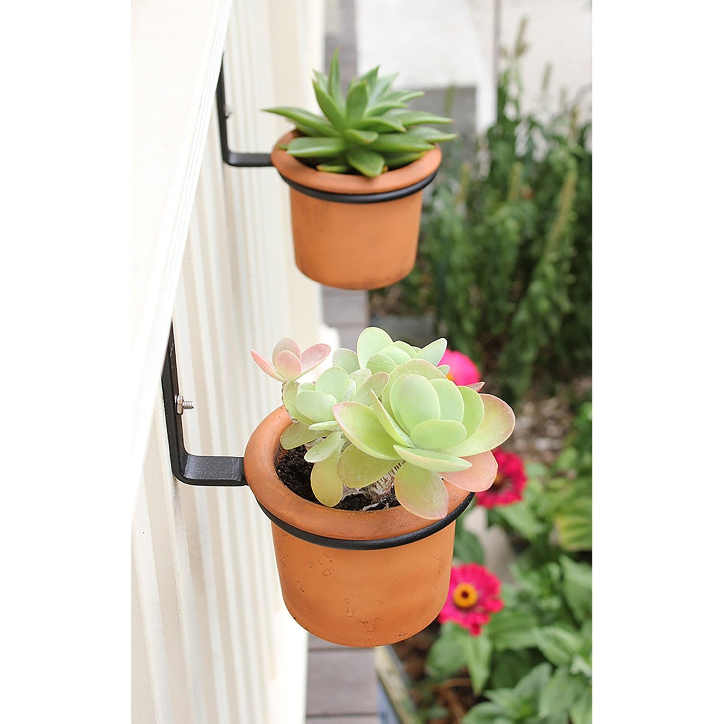 ACHLA 4in Flower Pot Ring 2-Pack | Wrought Iron Black Powdercoat Wall-Mounted Planter Bracket | Porch, Balcony & Deck Vertical | Model SFR-04-2