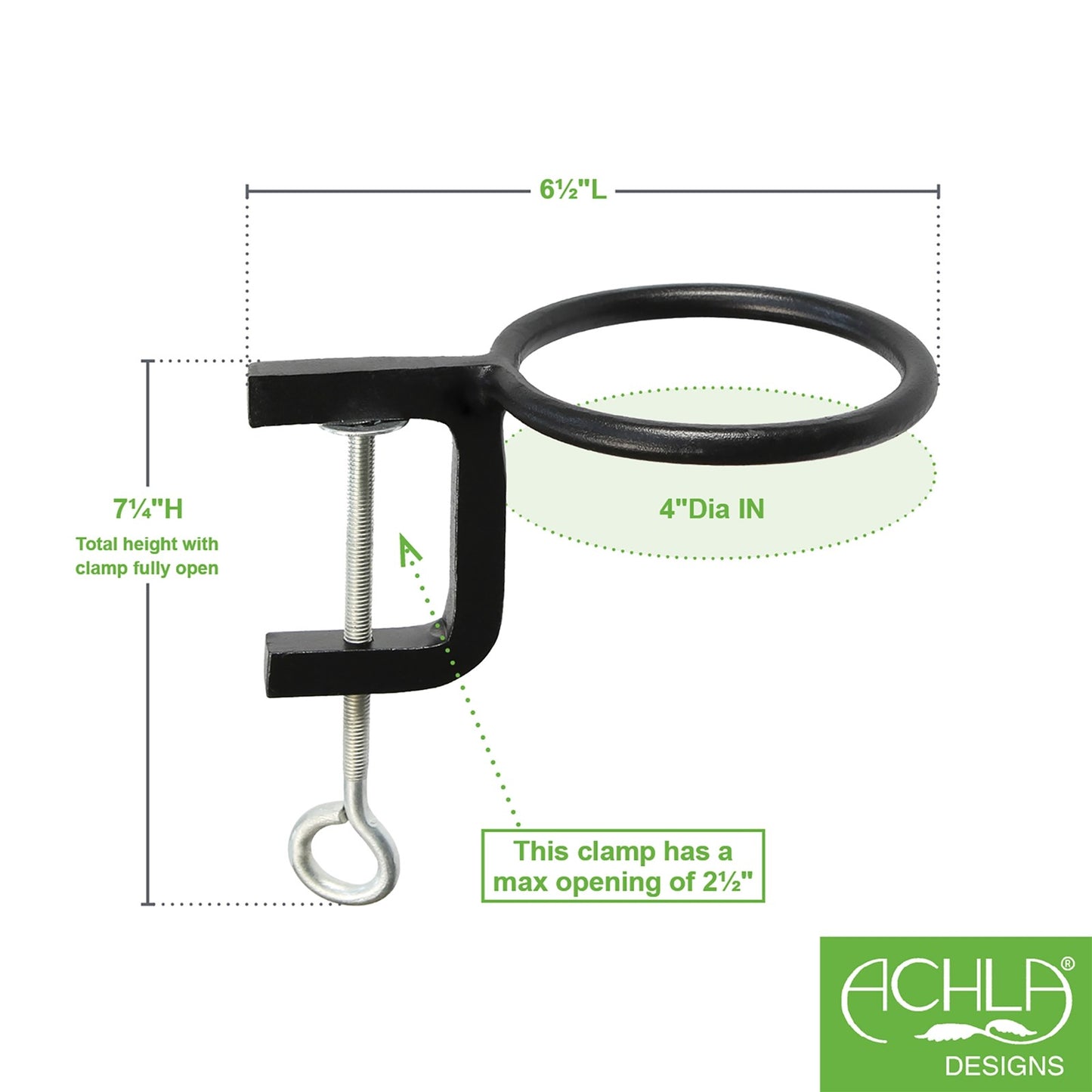 ACHLA 4in Clamp-On Flower Pot Ring 2-Pack | Wrought Iron Black Powdercoat | Porch, Balcony & Deck Railing Planter | 4 x 4 x 2 in | Model SFR-04C-2