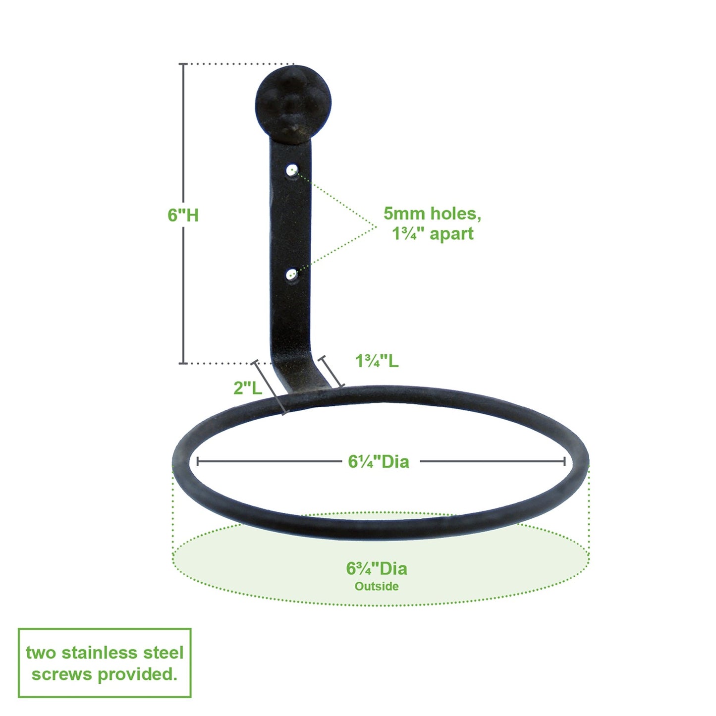 ACHLA 6in Flower Pot Ring 2-Pack | Black Powdercoat Wrought Iron | Outdoor Wall-Mounted Plant Bracket for Porch & Balcony | Model SFR-06-2