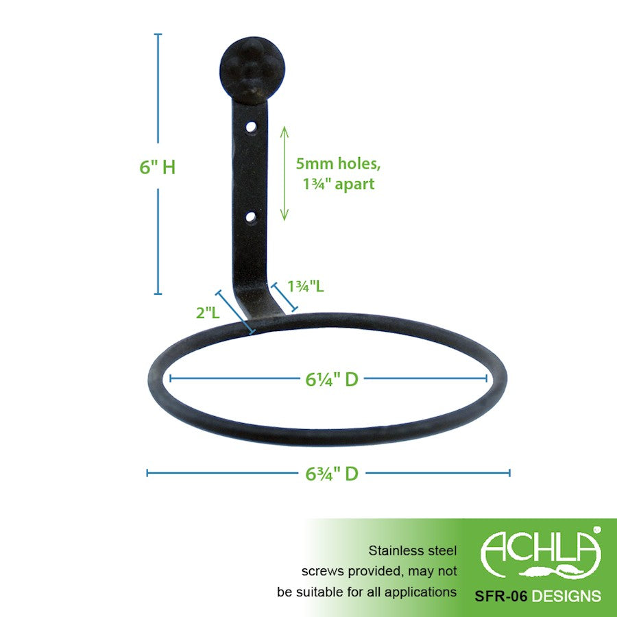 ACHLA 6in Flower Pot Ring 2-Pack | Black Powdercoat Wrought Iron | Outdoor Wall-Mounted Plant Bracket for Porch & Balcony | Model SFR-06-2