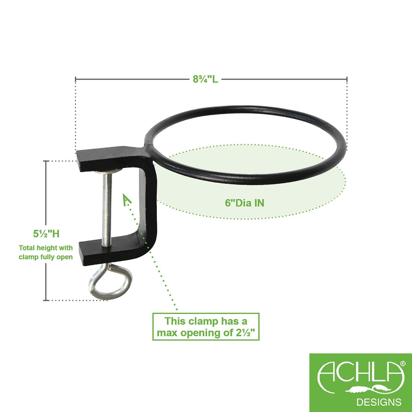 ACHLA 6in Clamp-On Flower Pot Ring 2-Pack | Wrought Iron Black Powdercoat | Porch, Balcony & Deck Railing Planter | 6 x 6 x 2 in | Model SFR-06C-2