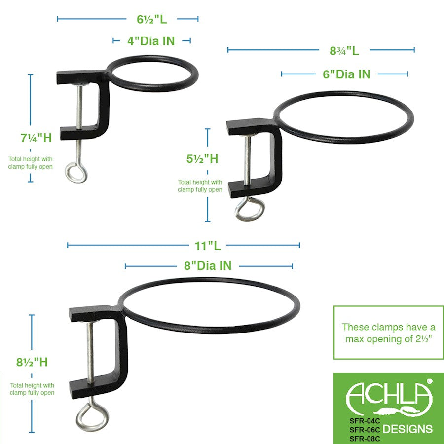 ACHLA 6in Clamp-On Flower Pot Ring 2-Pack | Wrought Iron Black Powdercoat | Porch, Balcony & Deck Railing Planter | 6 x 6 x 2 in | Model SFR-06C-2