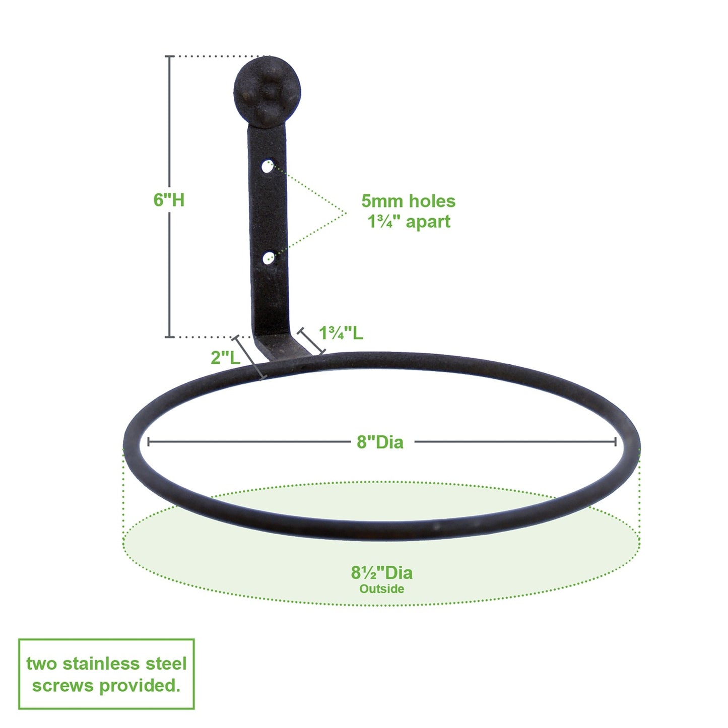 ACHLA 8in Flower Pot Ring 2-Pack | Black Wrought Iron Wall-Mounted Planter Bracket | Porch, Balcony & Deck Vertical Garden | Model SFR-08-2