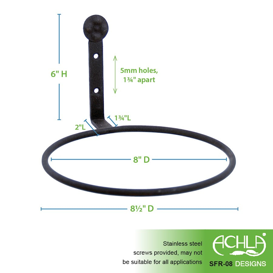 ACHLA 8in Flower Pot Ring 2-Pack | Black Wrought Iron Wall-Mounted Planter Bracket | Porch, Balcony & Deck Vertical Garden | Model SFR-08-2