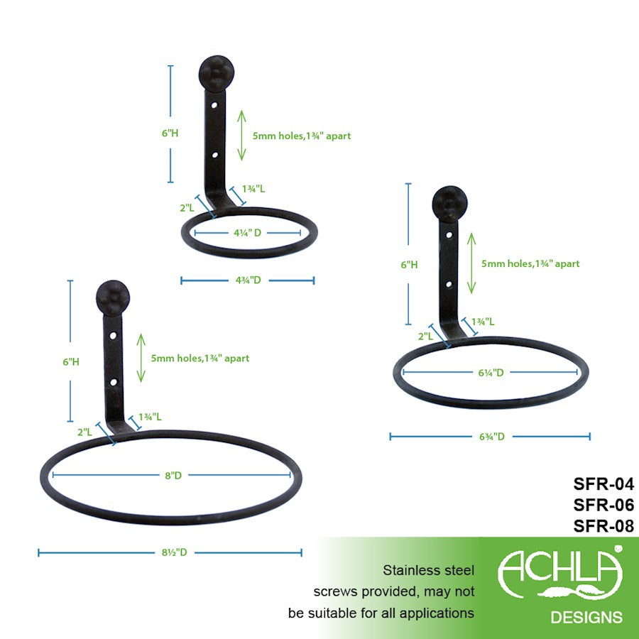 ACHLA 8in Flower Pot Ring 2-Pack | Black Wrought Iron Wall-Mounted Planter Bracket | Porch, Balcony & Deck Vertical Garden | Model SFR-08-2