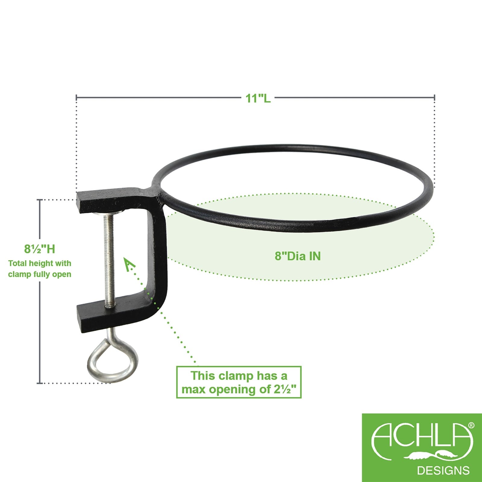 ACHLA 8in Clamp-On Flower Pot Ring 2-Pack | Black Powdercoat Wrought Iron | Porch, Balcony & Deck Railing Plant Bracket | Model SFR-08C-2