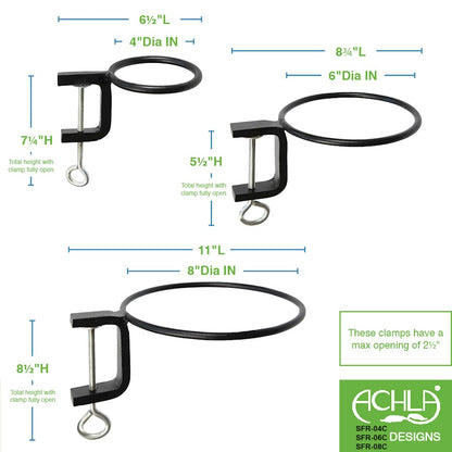 ACHLA 8in Clamp-On Flower Pot Ring 2-Pack | Black Powdercoat Wrought Iron | Porch, Balcony & Deck Railing Plant Bracket | Model SFR-08C-2