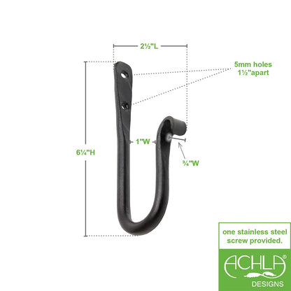 ACHLA 6in J-Hook 3-Pack | Black Powdercoat Wrought Iron Wall Hook | Kitchen, Garage & Closet Organizer | 0.5 x 3.5 x 6 in | Model SSH-02-3