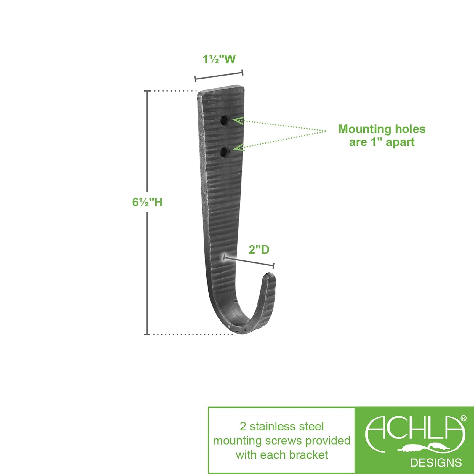 ACHLA Hammered Strap J-Hook Set of 2 | Black Powdercoat Wrought Iron | Kitchen, Mudroom & Garage Wall Hooks | 6.5 in H, Projects 2 in | Model SSH-10