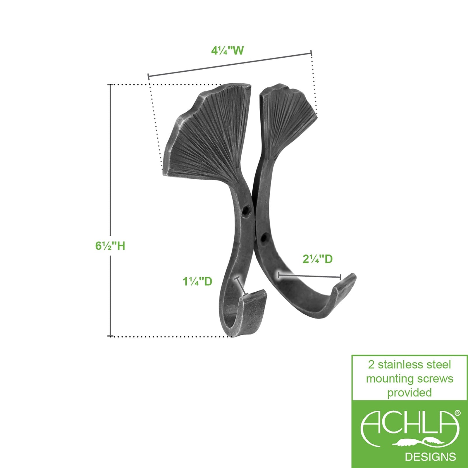 ACHLA Double Ginkgo Leaf Hook | Wrought Iron Black Powdercoat | Entryway & Mudroom Coat & Towel Organizer | 6.5 x 4.5 x 2.75 in | Model SSH-21
