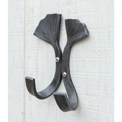 ACHLA Double Ginkgo Leaf Hook | Wrought Iron Black Powdercoat | Entryway & Mudroom Coat & Towel Organizer | 6.5 x 4.5 x 2.75 in | Model SSH-21