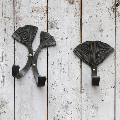ACHLA Double Ginkgo Leaf Hook | Wrought Iron Black Powdercoat | Entryway & Mudroom Coat & Towel Organizer | 6.5 x 4.5 x 2.75 in | Model SSH-21
