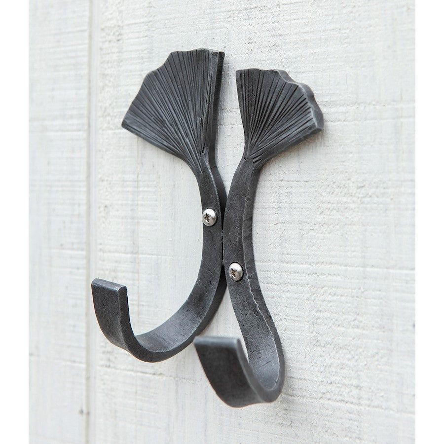 ACHLA Double Ginkgo Leaf Hook | Wrought Iron Black Powdercoat | Entryway & Mudroom Coat & Towel Organizer | 6.5 x 4.5 x 2.75 in | Model SSH-21